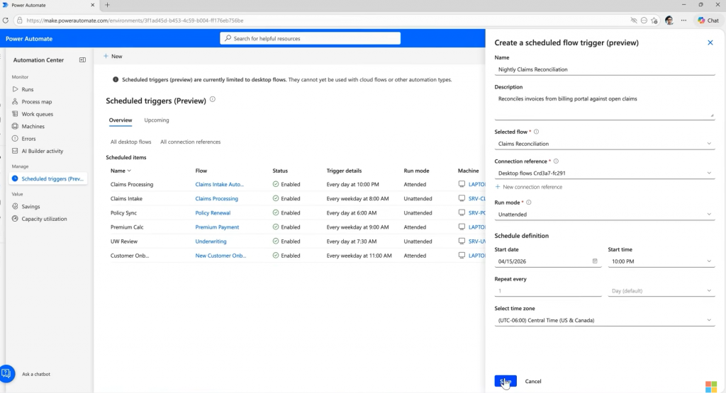 Giao diện Scheduled triggers trong Power Automate cho phép đặt lịch chạy Desktop Flow trực tiếp
